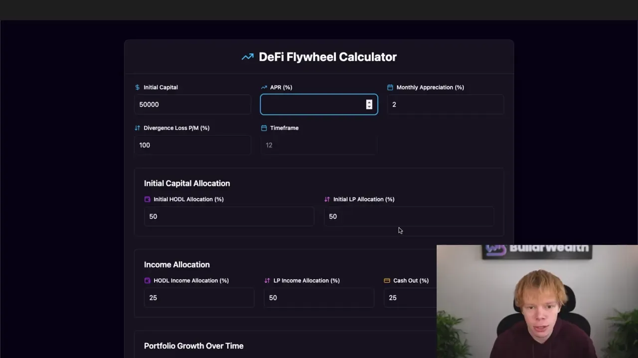 The DeFi Flywheel Calculator: initial capital, the split between holdings and liquidity positions, and where income is allocated.