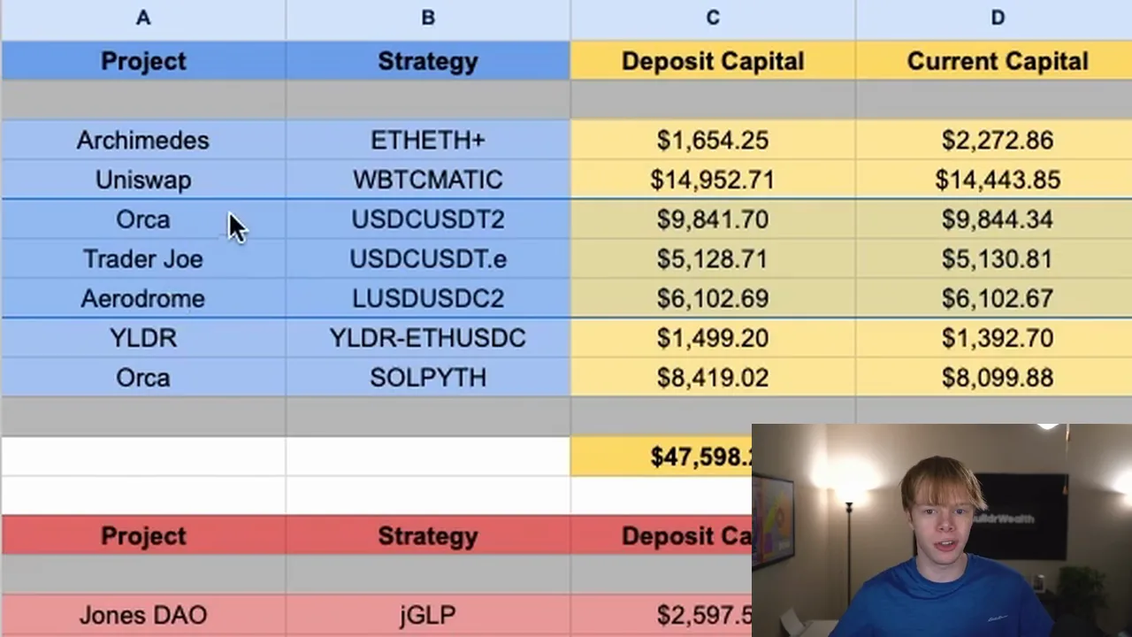 Jake's tracking sheet from the video: his liquidity positions, with the three stablecoin positions highlighted, and Jake on camera in the corner.