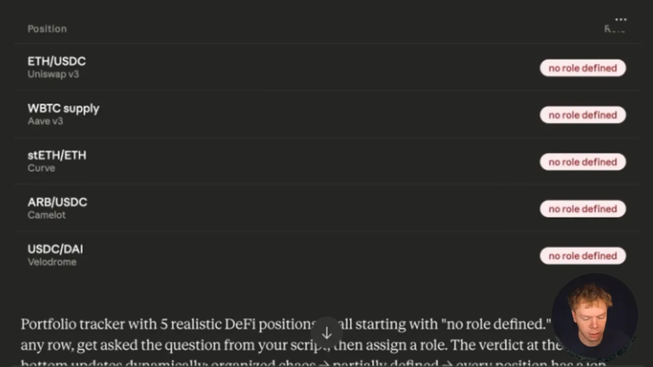 From the video: a sample portfolio tracker whose five positions all read "no role defined", with Jake on camera in the corner.