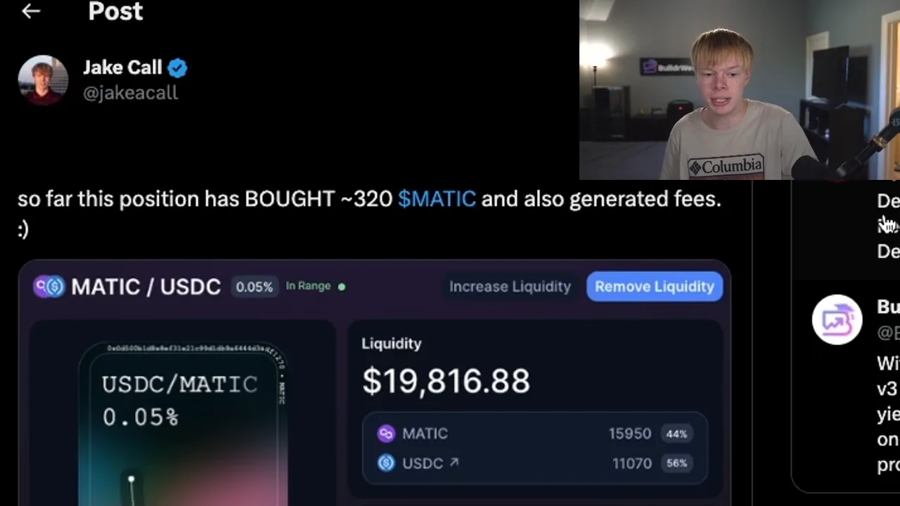 Jake's post on X about his MATIC and USDC pool, "so far this position has BOUGHT ~320 MATIC", as the video shows it, with Jake on camera in the corner.
