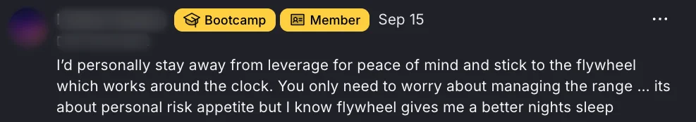 A member's comment on a thread about a 2X long: he would stay away from leverage and stick to the Flywheel, which gives him a better night's sleep. Names and photos are blurred.