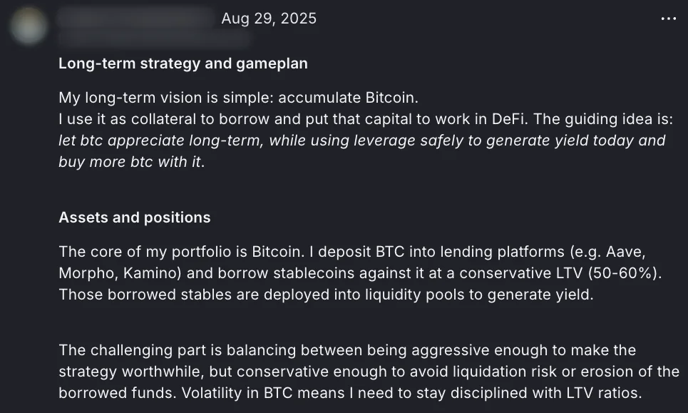 A member's challenge entry, Long-term strategy and gameplan: accumulate Bitcoin, borrow stablecoins against it at a conservative loan to value, and put them in liquidity pools. Names and photos are blurred.
