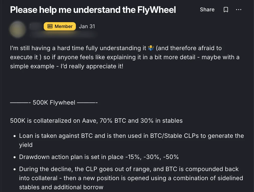 A member's post titled Please help me understand the FlyWheel, setting out a 500K Flywheel: collateral on Aave, a loan against BTC into BTC and stable pools, and a drawdown plan at -15%, -30% and -50%. Names and photos are blurred.