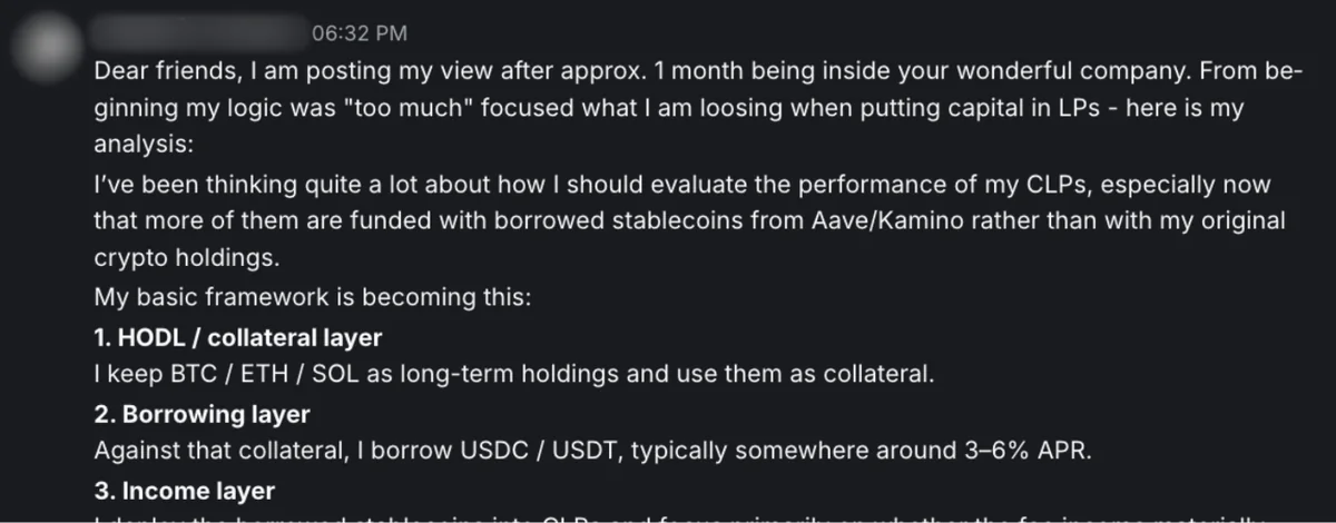A member's post, one month in, setting out his framework: a HODL and collateral layer, a borrowing layer, and an income layer. Names and photos are blurred.
