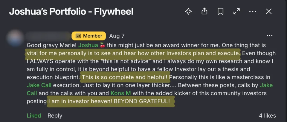 A member's comment on Joshua's Portfolio Flywheel post: a masterclass in execution, and beyond grateful. Names and photos are blurred.