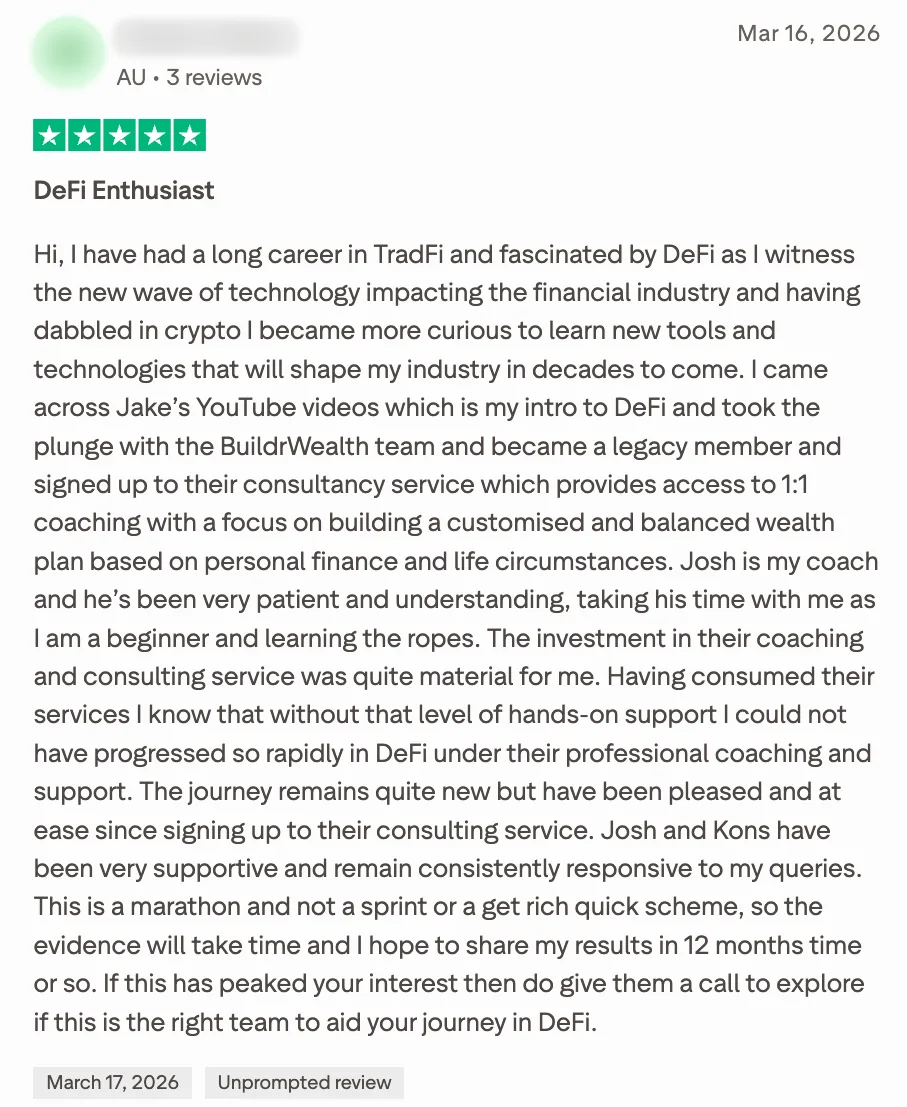 A five-star Trustpilot review from March 2026: a long career in traditional finance, coaching from the team, and "a marathon and not a sprint", with results to share in twelve months. Names and photos are blurred.