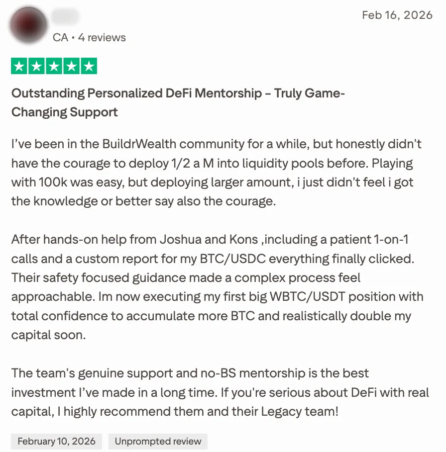 His five-star Trustpilot review: after one-on-one calls and a custom report everything clicked, and he is executing his first big WBTC/USDT position with total confidence to accumulate more BTC. Names and photos are blurred.