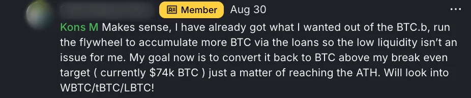 A member's comment: he runs the Flywheel to accumulate more BTC through the loans, and will convert back above his break-even target. Names and photos are blurred.