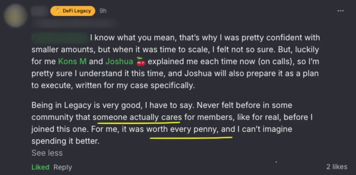 The same member's comment two weeks later: the team explained it on calls, a plan is being written for his case, and the community was worth every penny. Names and photos are blurred.